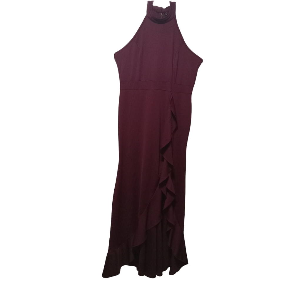 Woosea Ruffle evening slit maxi dress halter neck burgundy sz XL
